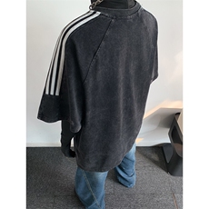 抖音得物高品质240克美式复古潮牌做旧水洗三条杠织带短袖T恤YQ45，男装T恤，电商A486