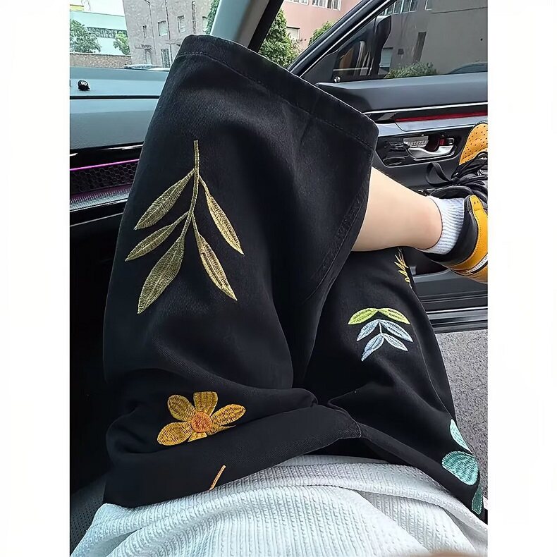 美式小花刺绣牛仔短裤男生夏季质感修身裤子小众设计感休闲七分裤,男装皮裤,星座1116A（原606A-3）