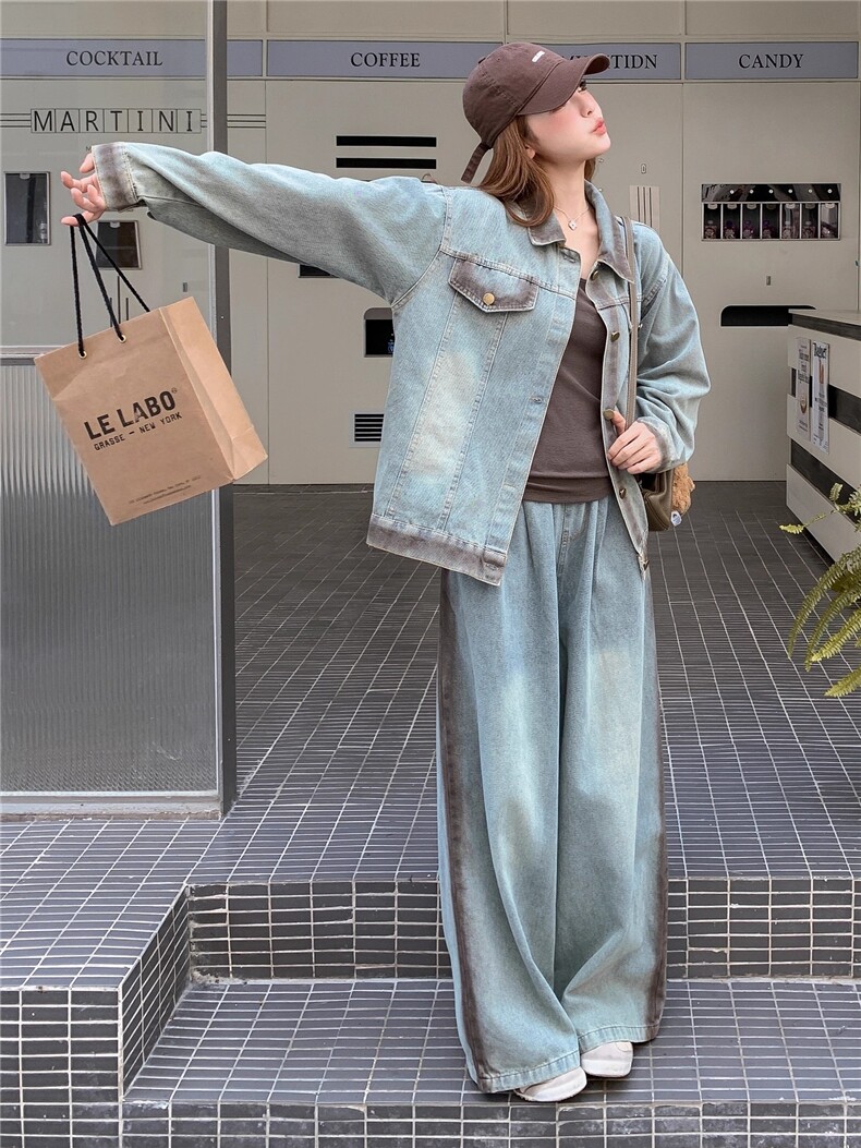 2025流行穿搭一整套休闲套装渐变牛仔外阔腿裤两件套女秋,女装套装/套裙,2C283