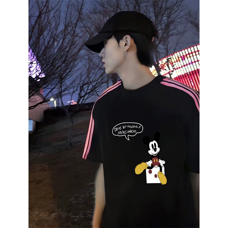 抖音得物品质二开240克宽松纯棉美式潮牌印花三条杠中性风短袖T恤,男装T恤,电商A486-1