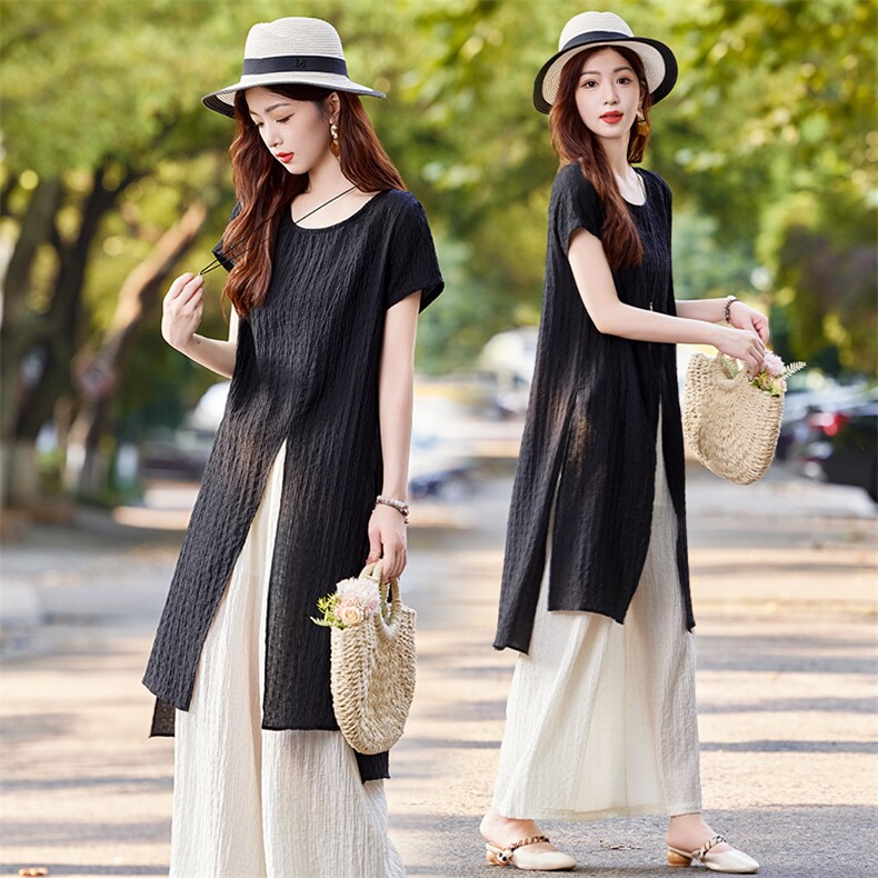 (加码到XXXXL)天丝套装女2026夏季新款宽松时尚遮肉阔腿裤两件套，女装套装/套裙，水衣源