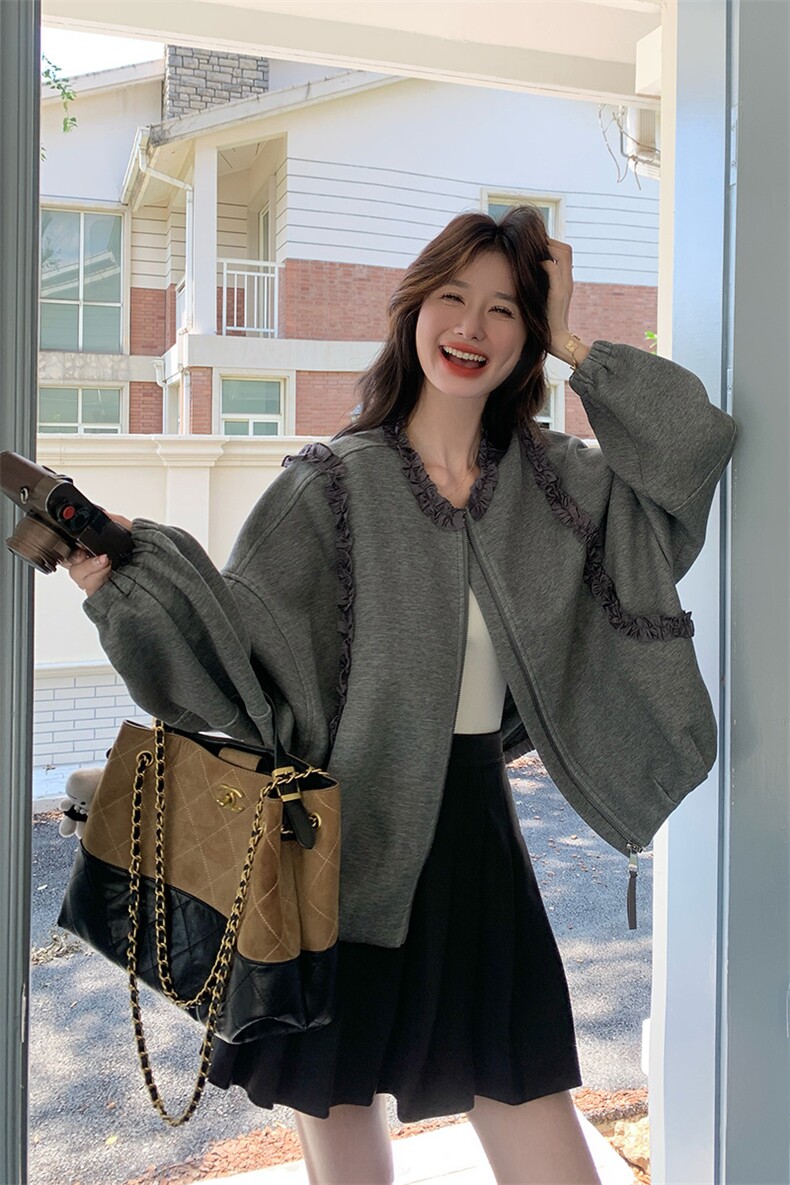 韩系chic慵懒风灰色短款卫衣外套女春秋超火好看设计感木耳边夹克,女装短外套,2C317A