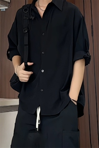 C9040/P35衬衫冰丝短袖宽松男生上衣衬衣男衬衫七分袖可调节图片