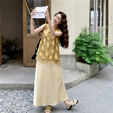 高级感轻熟气质套装裙女2025夏新款时尚提花无袖背心半身裙两件套，女装套装/套裙，2C129