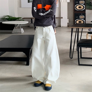 美式复古白色弯刀牛仔裤2025夏季男女宽松百搭阔腿长裤YD9017-P70图片