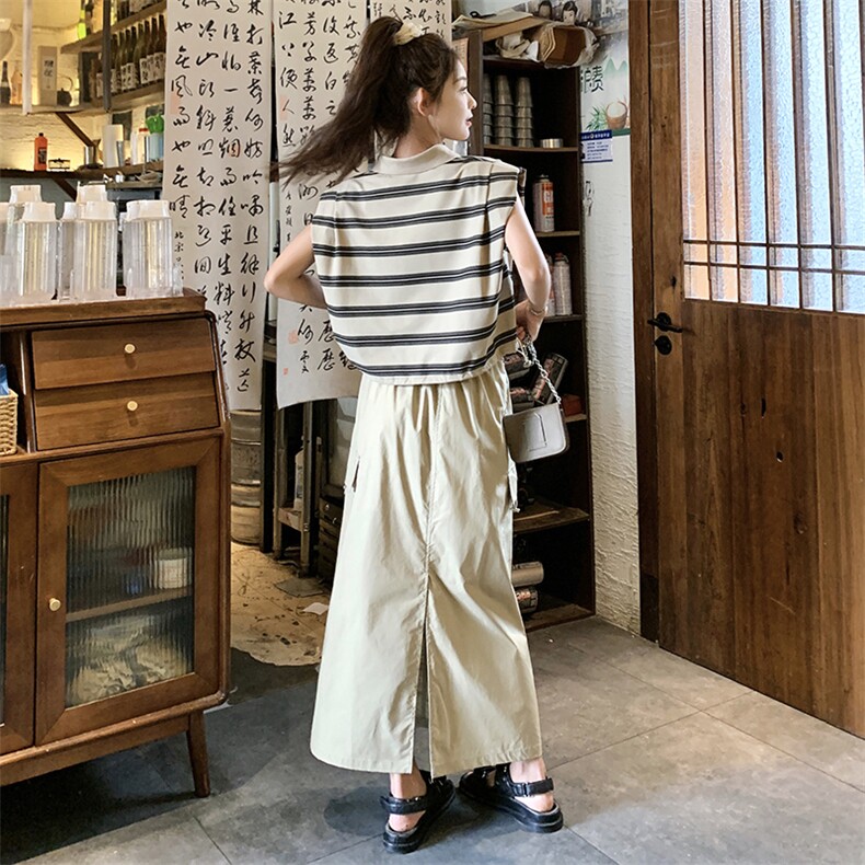 韩系休闲工装套装裙女夏季2025年新款卡其色条纹上衣半身裙两件套,女装套装/套裙,维壹