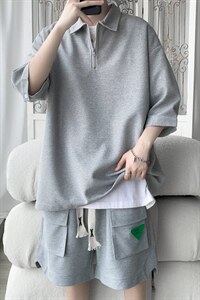 TZ67570/P60夏季华夫格套装男T恤Polo衫男短裤宽松两件套也可单卖图片
