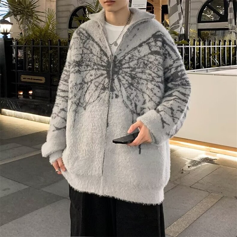 美式蝴蝶毛衣男秋冬潮牌慵懒设计感针织开衫拉链连帽外套M2401,男装针织衫/毛衣,星座1116A-1（原606A）