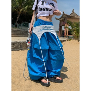 美式街头屁帘飘带设计多色长裤夏季宽松阔腿休闲打褶堆积感裤子潮图片