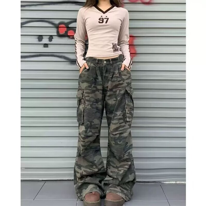 T09-P47美式复古褶皱多口袋迷彩工装牛仔裤女高街潮牌显瘦,男装牛仔裤,电商B323A
