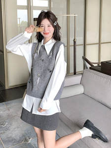 学院风复古减龄衬衫上衣马甲套装女2025春秋新款高级感时尚两件套图片