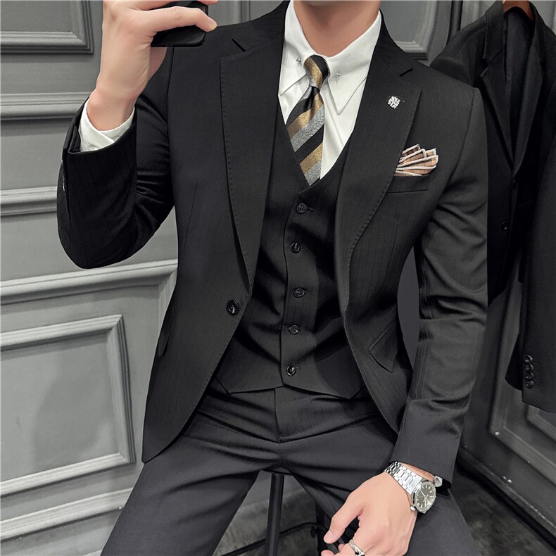 高品质~色织暗条纹平驳领一粒扣西服三件套藏青色SJT8062-P285,男装西服,电商A213