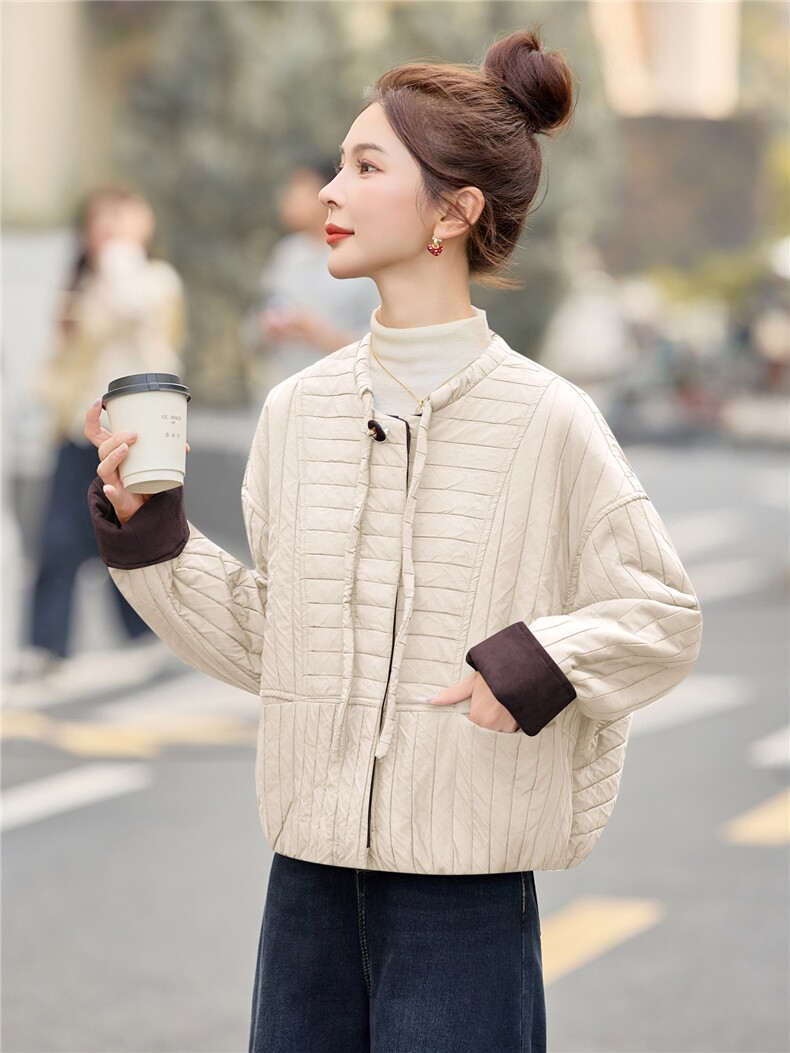 时尚圆领撞色短款棉服女2025冬新款休闲宽松保暖棉衣夹棉加厚外套,女装棉衣/棉服,余墨