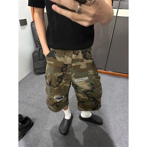 【有货】D1139-特批45春季美式破洞补丁直筒迷彩七分裤男女短裤图片