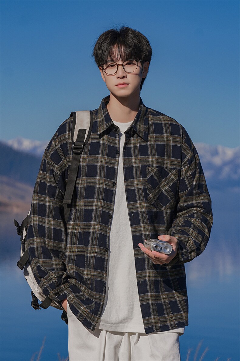 抖音长袖翻领格子衬衫男百搭复古休闲衬衣外套DX5662P50控79,男装衬衫,电商B413-1