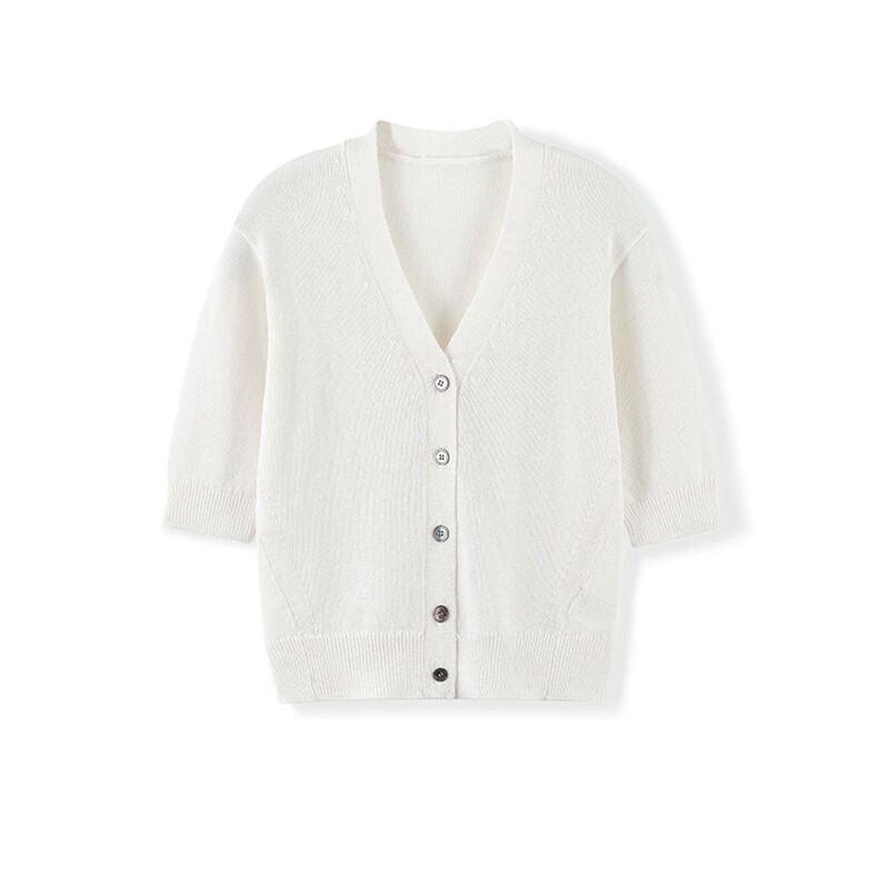 2025年秋季V领亚麻短袖开衫时尚百搭通勤休闲，女装T恤，致织羊绒