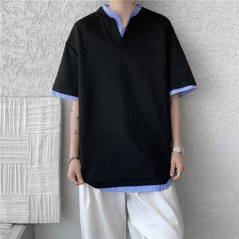 抖音品质夏季新款美式假两件立领宽松短袖B315-ST003-特p25控48,男装T恤,电商B315
