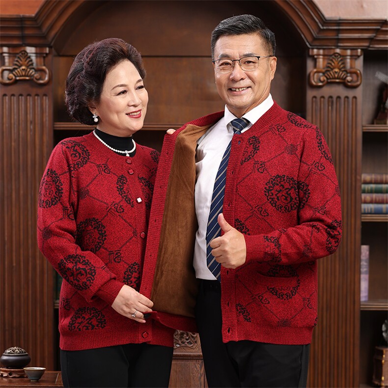 中老年女装开衫福字针织毛衣圆领羊毛衫爸爸妈妈喜庆老年情侣外套,男装中老年男装,亚东羊绒制品