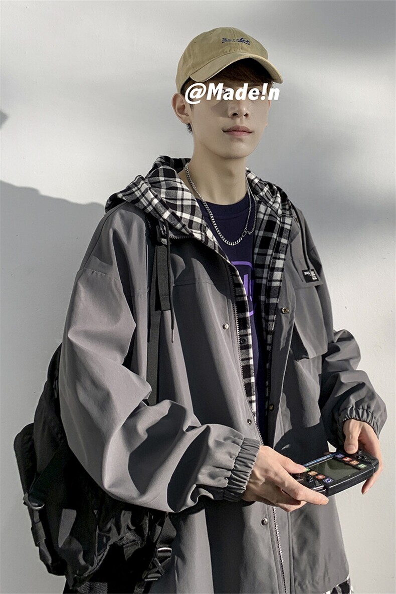 2025秋款潮牌假两件格子港风大码boy连帽休闲夹克外套J6818-P75,男装夹克,电商A001-1