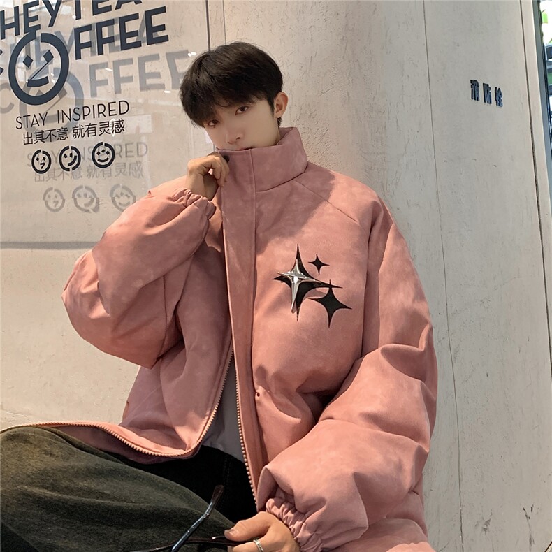 港风PU皮复古做旧可拆卸四芒星胸针设计棉衣男MY77721P128控168，男装棉衣，星座227-7