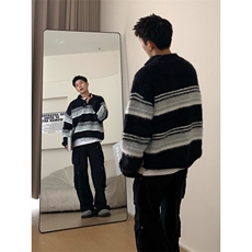 MY9819-P60美式潮牌马海毛POLO领纽扣条纹毛衣情侣秋冬宽松，男装针织衫/毛衣，电商B323A