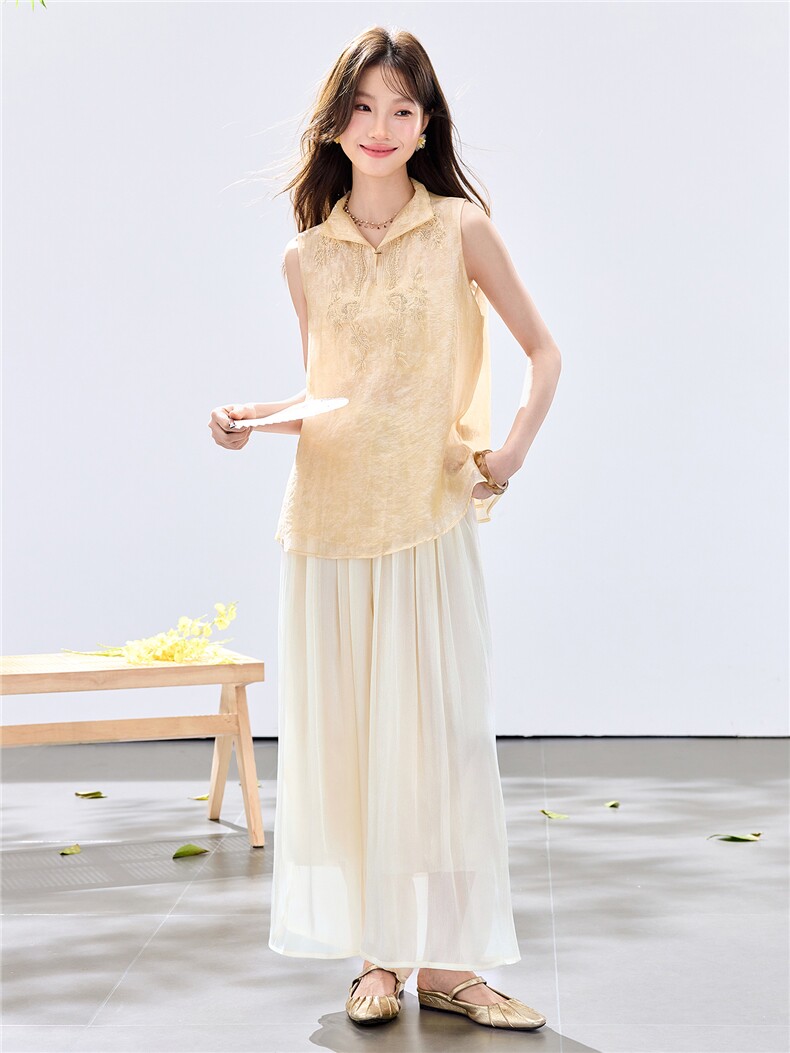 夏季新款现货！2026洋气时尚百搭款刺绣上衣+琉璃亮光阔腿裤套装,女装套装/套裙,宝儿家