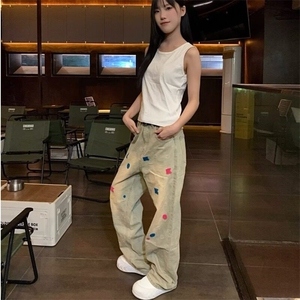 美式水洗做旧牛仔长裤男女宽松秋季款ins刺绣提花做旧水洗牛仔裤图片