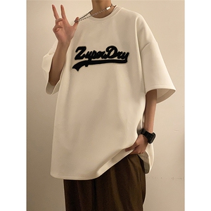 男生百搭毛巾绣字母短袖简约宽松休闲T恤JK23250-p35控48,男生2019年穿搭图片