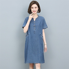 短袖牛仔连衣裙女夏季薄款2024年新款气质遮肚子中年妈妈大码裙子，女装连衣裙，悦见她