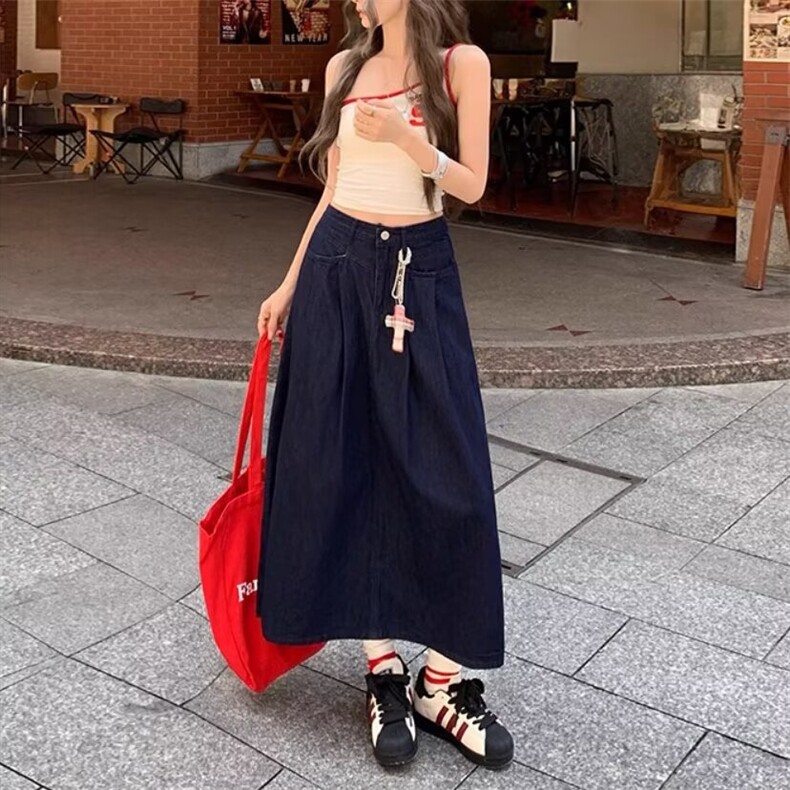 深蓝色牛仔半身裙女2025夏季新款港风高腰显瘦长款宽松a字中长裙,女装半身裙,星座1210-1