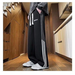 网络图现货 美式复古条纹三条杆高腰垂感直筒阔腿运动裤JQ283-P35图片