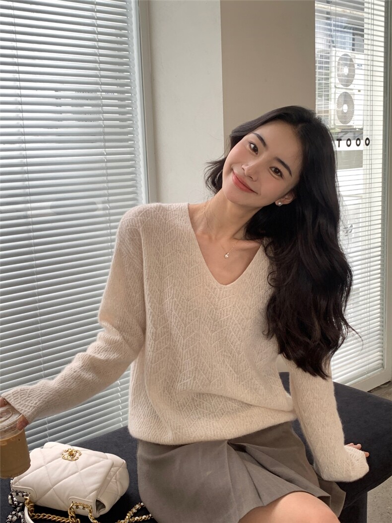 低圆领套头毛衣女针织秋冬休闲宽松打底衫,针织衫/毛衣,玛卡隆羊绒