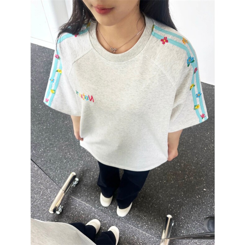 网图有货美式高街肩带刺绣短袖t恤男女拼接花卉宽松上衣A667-P35，男装T恤，星座1505