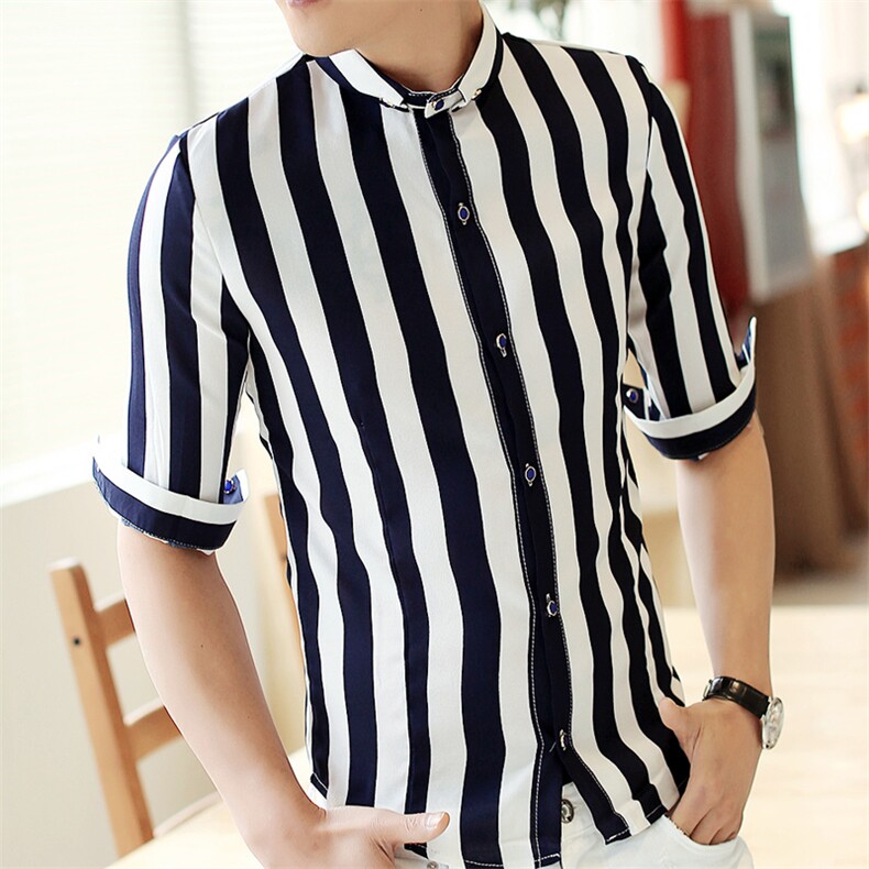 Q8450-情侣雪纺竖条纹中袖七分袖衬衫理发店工作服班服男衬衣,男装衬衫,星座717A