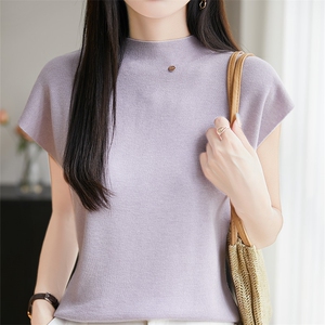 夏季新款精纺薄款针织短袖T恤女自带领小飞袖修身内搭简约打底衫图片