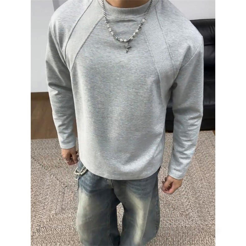 抖音得物品质26春装美式高街曼巴棉螺纹拼接卫衣圆领长袖T恤YT164,男装T恤,电商A486-1