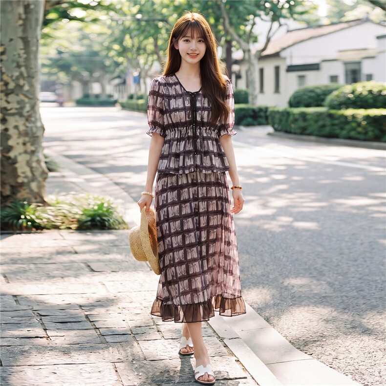 时尚休闲格纹显瘦系带上衣木耳边半裙超仙两件套女,女装套装/套裙,水衣源