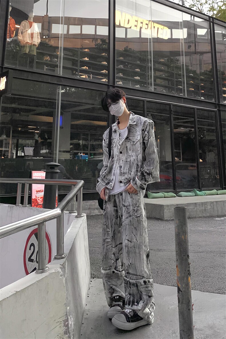 牛仔外套套装高级感痞帅一套扎染微喇裤JK100特P90NZ100特P65,男装工装外套,星座908-1