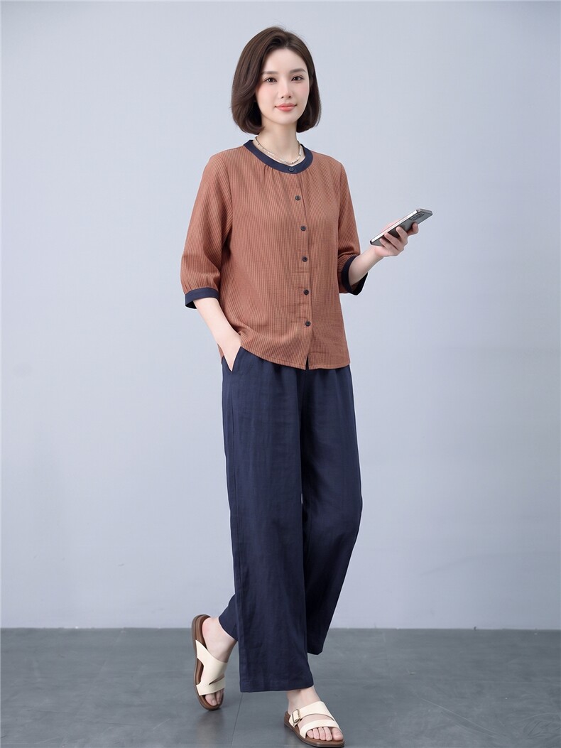 衬衫女撞色条纹宽松透气上衣,女装衬衫,曼沙奕珂
