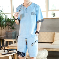 刺绣夏季亚麻两件套男装套装棉麻短裤T恤A266-1-TZ4957-P75，男装休闲套装，电商A266