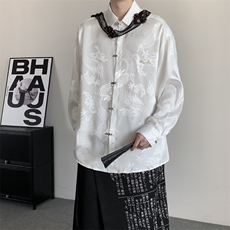 春装2025新中式龙纹缎面提花丝光免烫金属对扣暗黑禁欲系中性衬衫，男装衬衫，星座909