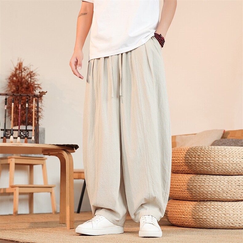 8XL-M亚麻弯刀裤直筒阔腿裤子男夏季宽松大码运动灯笼裤KZ068P60,男装休闲裤,电商B312