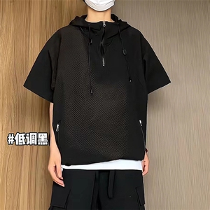 胖子日系新款美式休闲运动连帽宽松纯色拉链T恤T68-Tp35图片