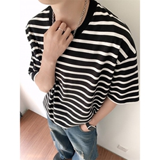 现货高品质大码夏季条纹圆领短袖男女宽松海魂衫上衣T2510-P35，男装T恤，星座1212