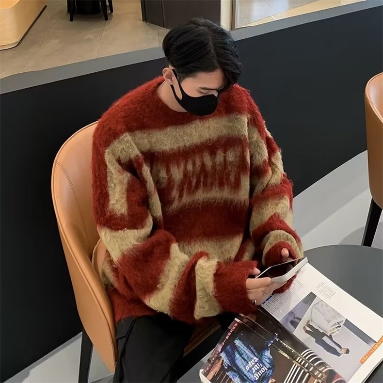 美式复古星星条纹毛衣男女秋冬潮牌宽松休闲针织上衣MZ5635-P53图片