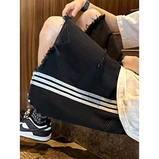 牛仔短裤男夏季条纹毛边破洞水洗直筒裤子美式高街vibe休闲五分裤，男装牛仔裤，星座601-2