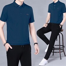 休闲运动套装男夏季新款上衣方领短袖t恤休闲长裤子两件套，男装休闲套装，电商B212（原钱塘6029）