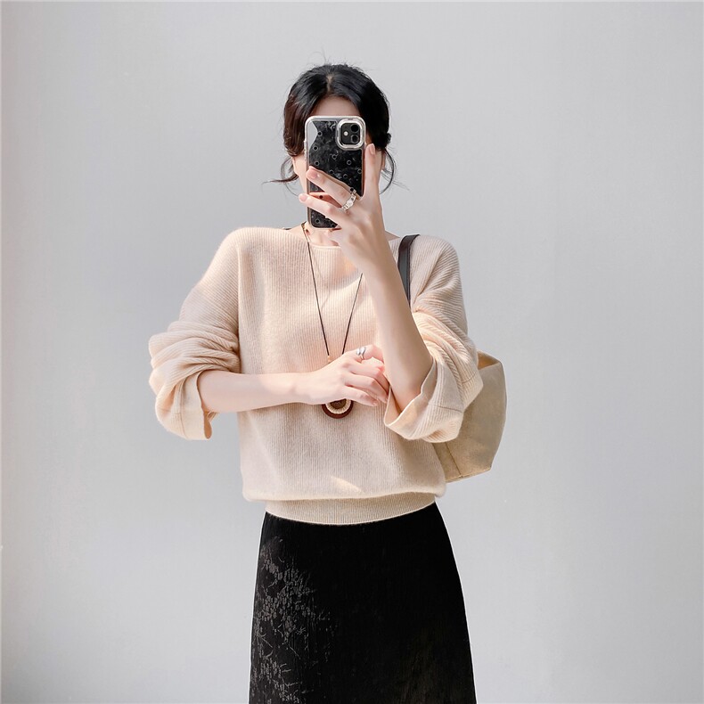HE|狠软糯宽松廓版BABY山羊绒衫女一字领针织衫落肩慵懒风毛衣,针织衫/毛衣,织纯羊绒