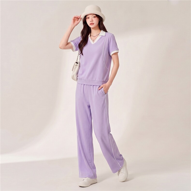 盐系高级感休闲运动时尚套装女夏季减龄翻领短袖上衣阔腿裤两件套,女装套装/套裙,江南
