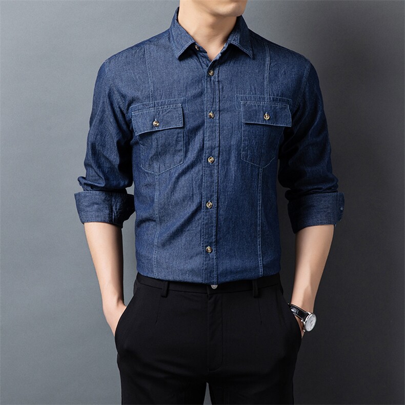 H5633钱塘2020-1秋冬精品男士牛仔百分百纯棉衬衣舒适P60图片